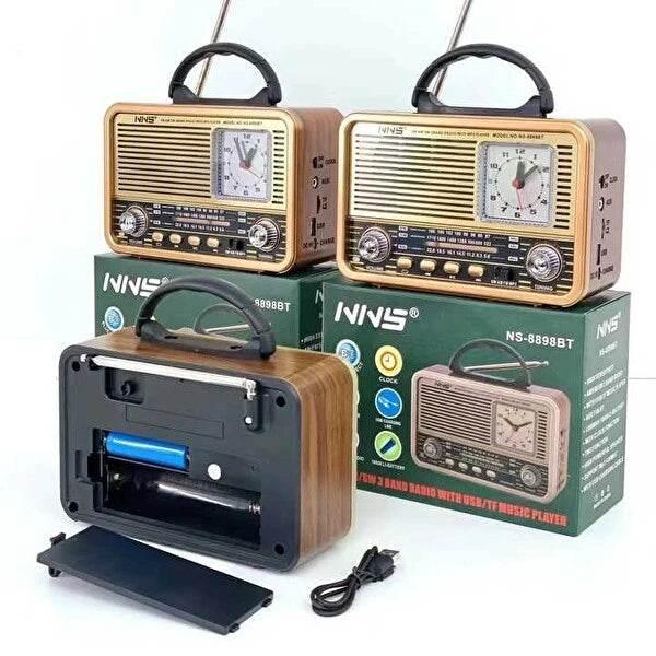 Nns ns-8898bt masa üstü saatlı nostaljik usb/tf/am/fm/radyo destekli bluetooth hoparlör CARBON
