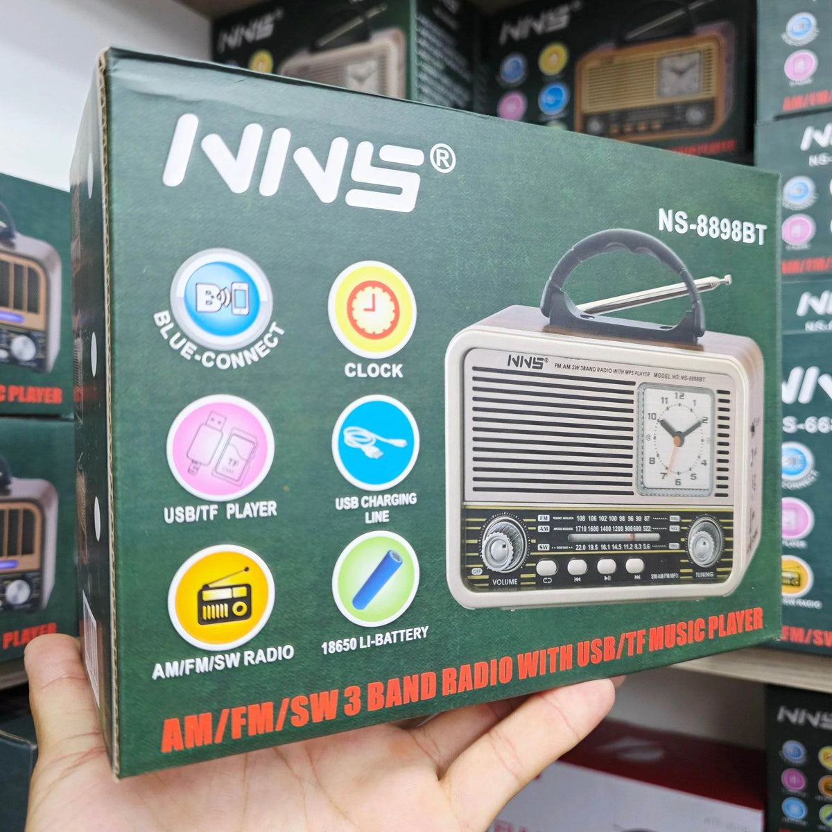 Nns ns-8898bt masa üstü saatlı nostaljik usb/tf/am/fm/radyo destekli bluetooth hoparlör CARBON