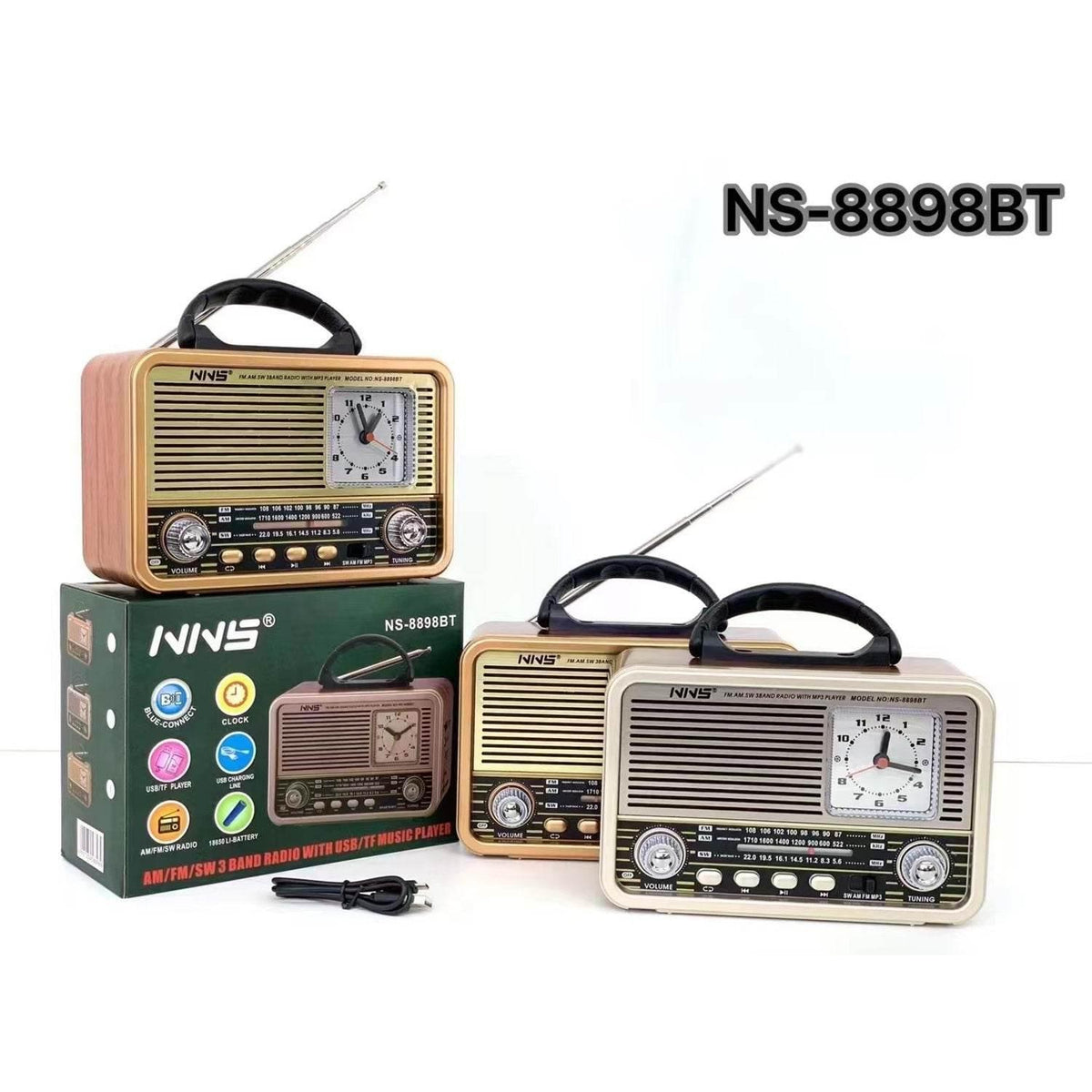 Nns ns-8898bt masa üstü saatlı nostaljik usb/tf/am/fm/radyo destekli bluetooth hoparlör CARBON