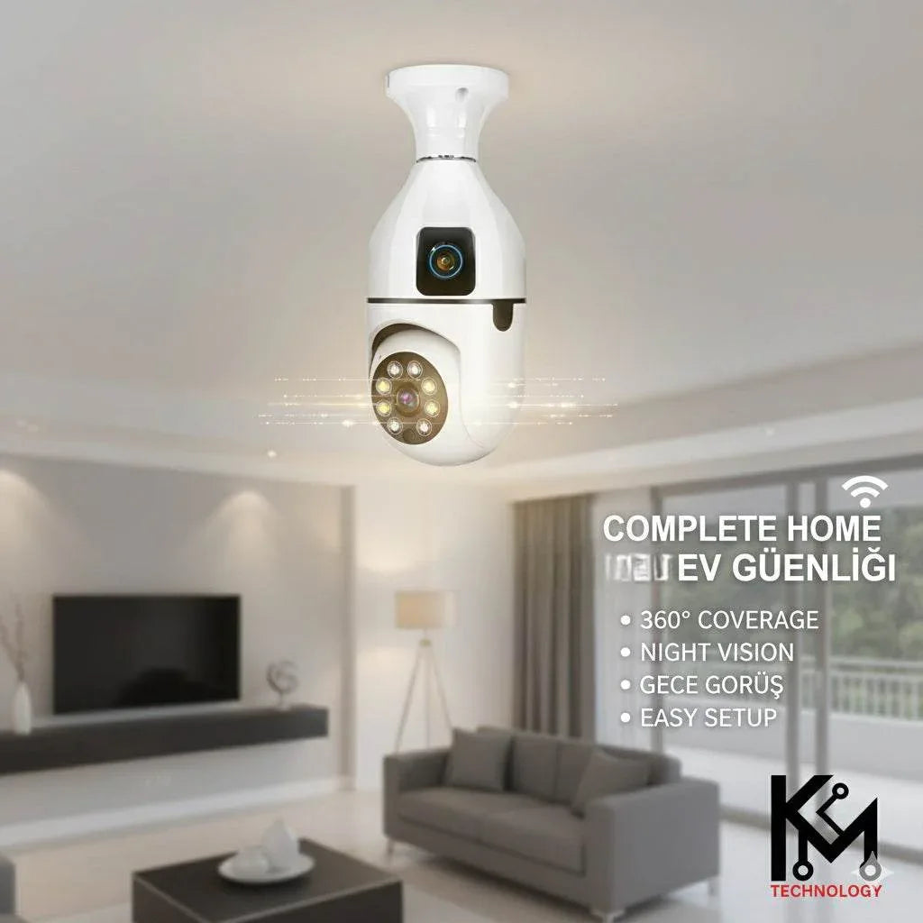 Wifi panorama Çift camera mikrofonlu 360 derece döner led ışıklı gece görüşlü full hd ampul kamera LEERFEİ