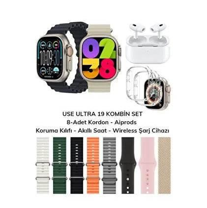 Use ultra19, 8 kordonlu ve Air pro bluetooth kulaklıklı akıllım saat kombo