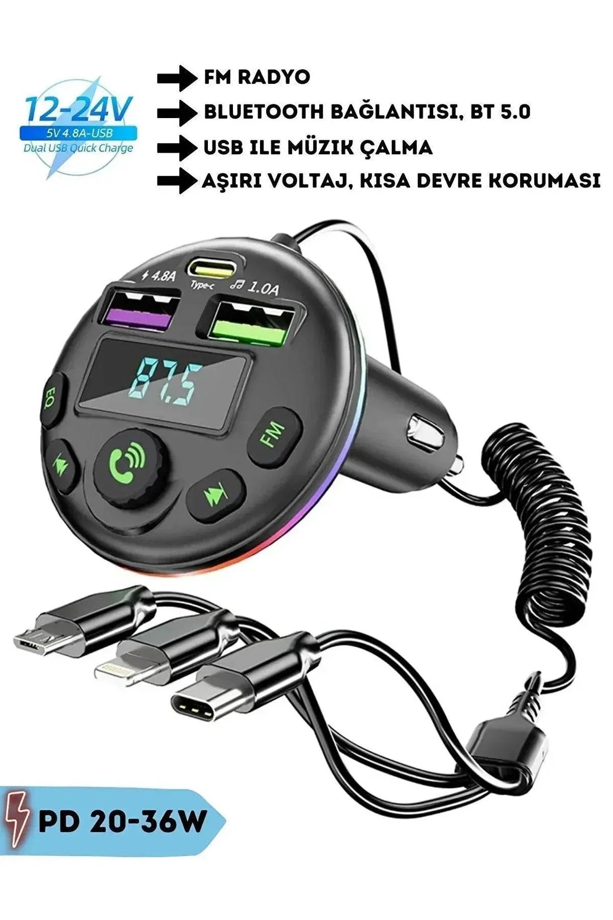 Araç içi bluetooth fm transmitter - micro typec lightning 3ü1 arada - pd 20-36w hızlı şarj, usb müzik çalar, hands-free arama çakmaklık g14 MBX