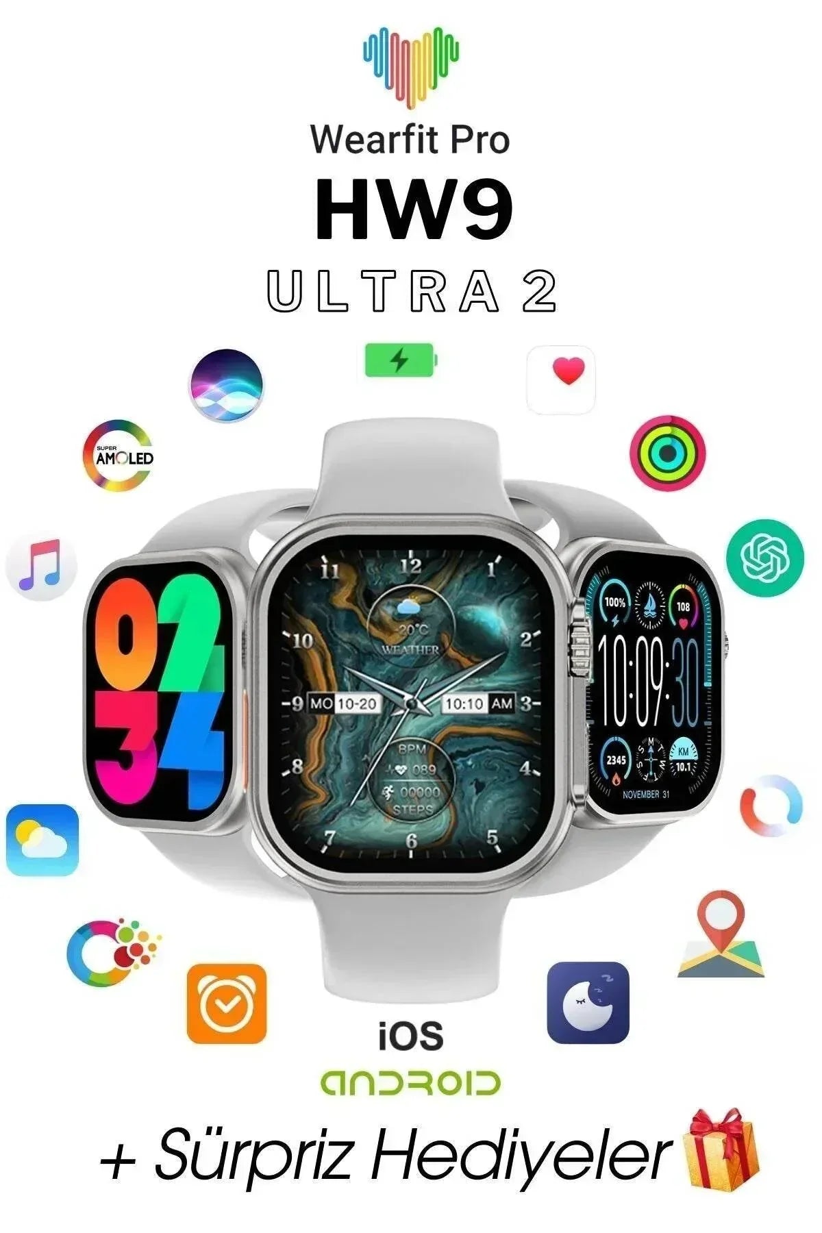 Hw9 ultra2 49mm amoled ekranlı 3 kordonlu ios android uyumlu akıllı saat WEARFİT