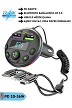 Araç içi bluetooth fm transmitter - micro typec lightning 3ü1 arada - pd 20-36w hızlı şarj, usb müzik çalar, hands-free arama çakmaklık g14 MBX