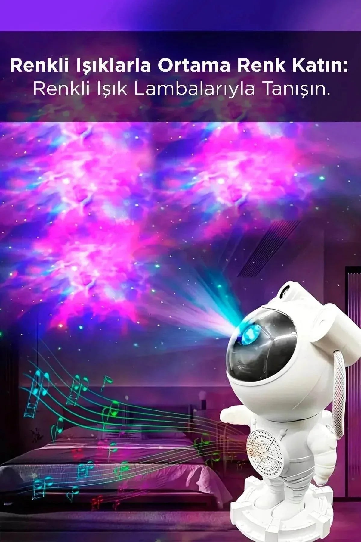 Astronot bluetooth hoparlör | gökyüzü ışık yansıtmalı, kumandalı, 360° döner gece lambası TEKNOİST