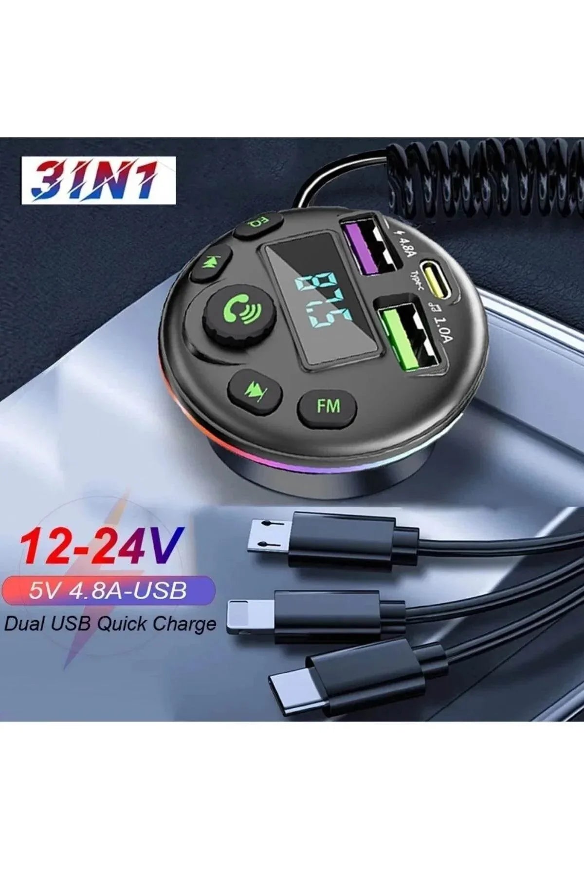 Araç içi bluetooth fm transmitter - micro typec lightning 3ü1 arada - pd 20-36w hızlı şarj, usb müzik çalar, hands-free arama çakmaklık g14 MBX