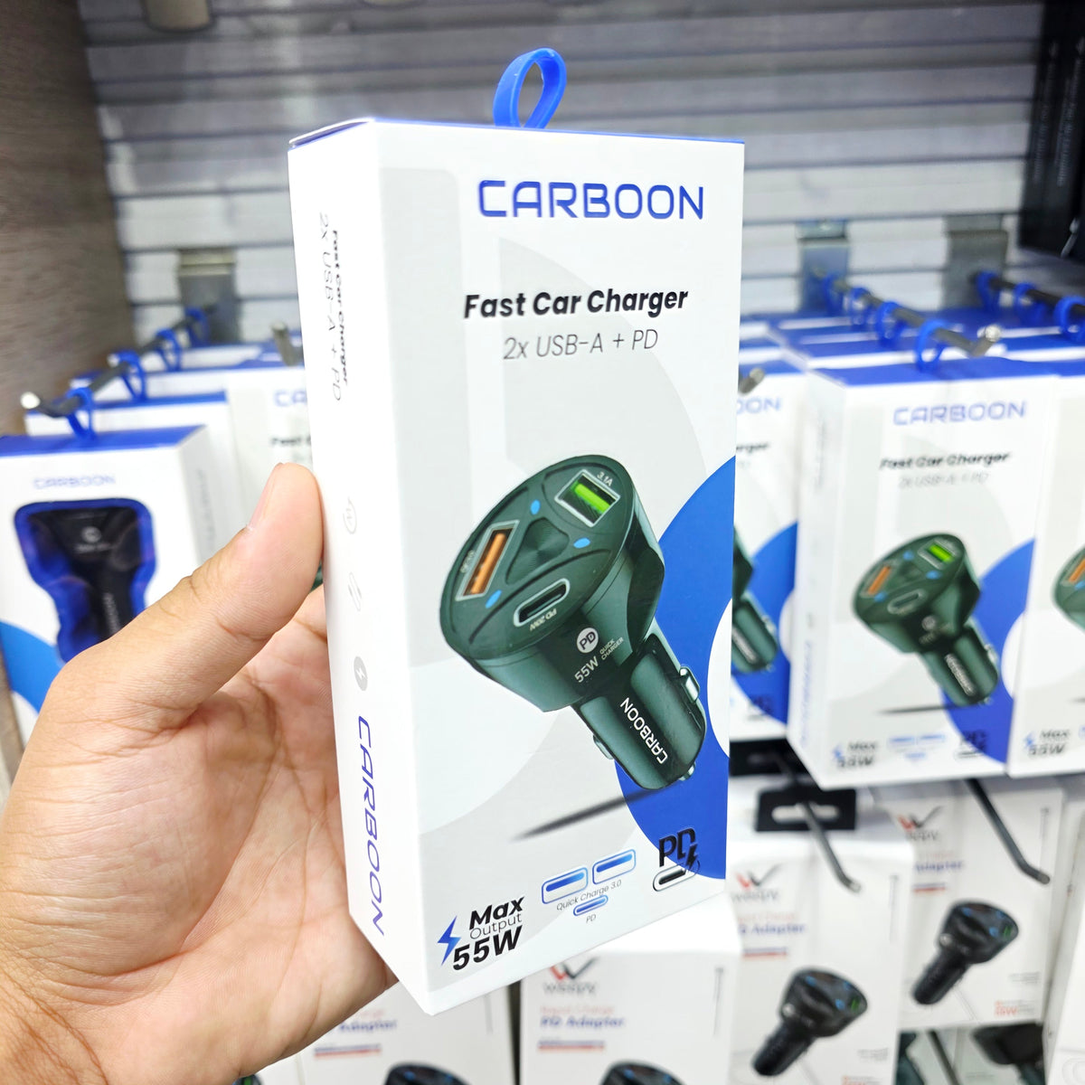 ( 5 adet ) 55W hızlı araç şarj başlık (2x USB-A + PD) çakmaklık CARBON