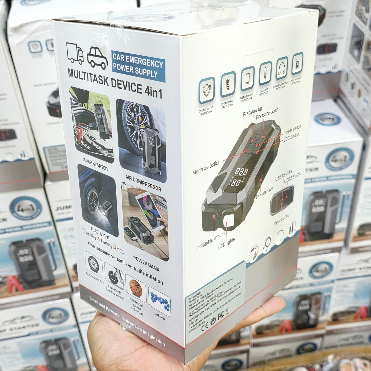 4'ü 1 Arada Taşınabilir Araç Akü Takviye Cihazı (Jump Starter) ve Dijital Hava Kompresörü - 12V Diesel Universal + el fenerli Müslüm