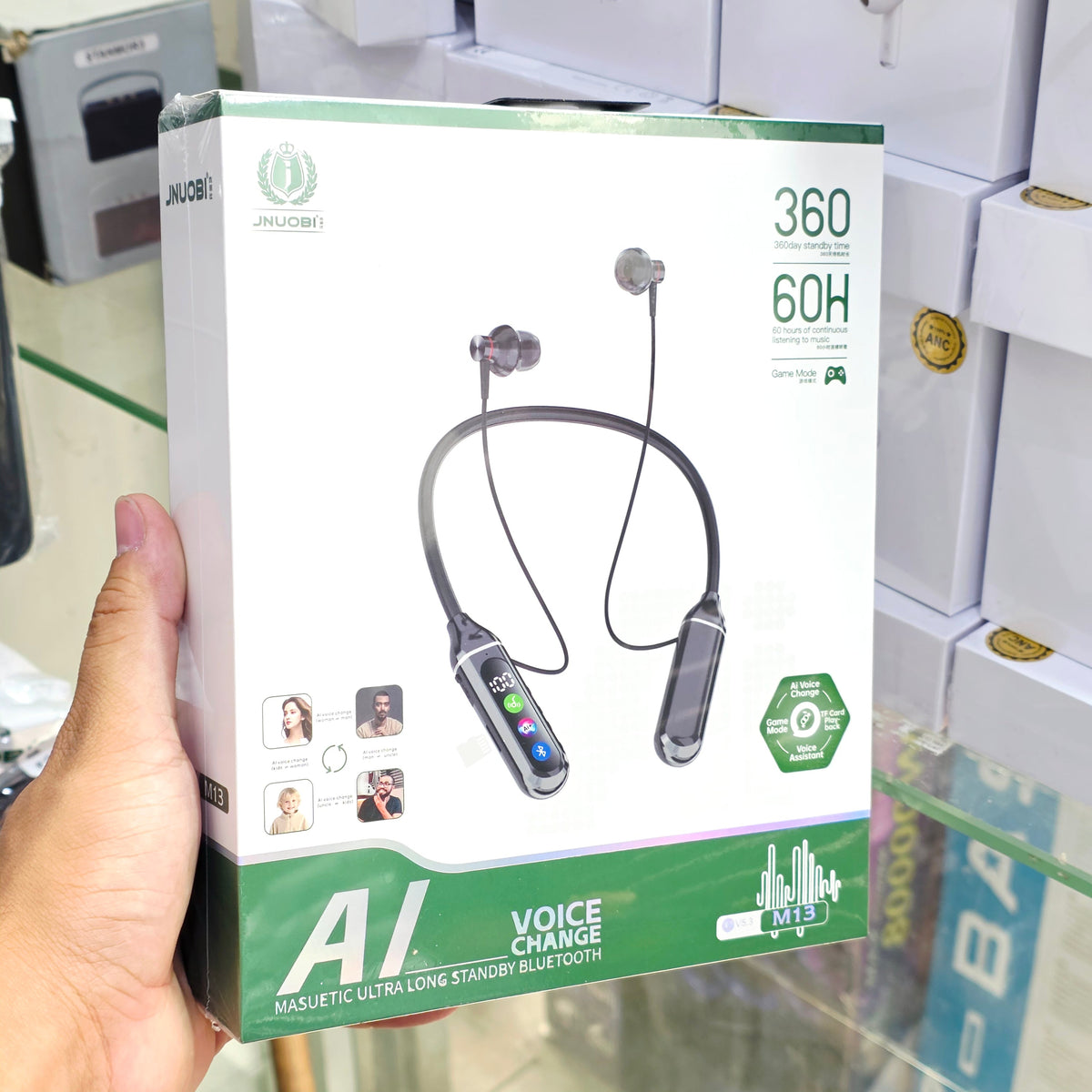 60 Saat Müzik, Akıllı AI Ses Değiştiricili Boyun Askılı Bluetooth Kulaklık - 360 Gün Bekleme Süresi - Dijital Ekranlı & Oyun Modlu JNUOBİ