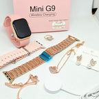 G9 Mini Kadın Akıllı Saat Rose Gold Hediye Seti - 3 Kordonlu & Kuğu Takı Aksesuar Setli Akıllı Saat (iOS ve Android Uyumlu)  TechnioTR