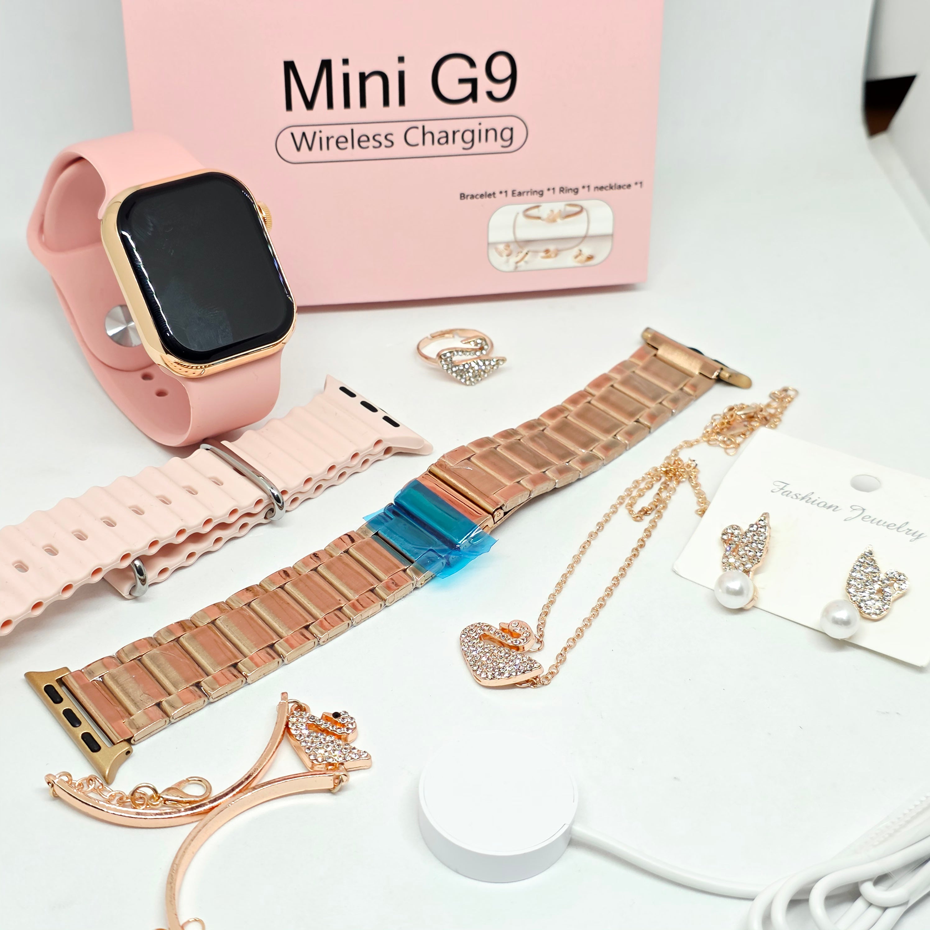 G9 Mini Kadın Akıllı Saat Rose Gold Hediye Seti - 3 Kordonlu & Kuğu Takı Aksesuar Setli Akıllı Saat (iOS ve Android Uyumlu)  TechnioTR