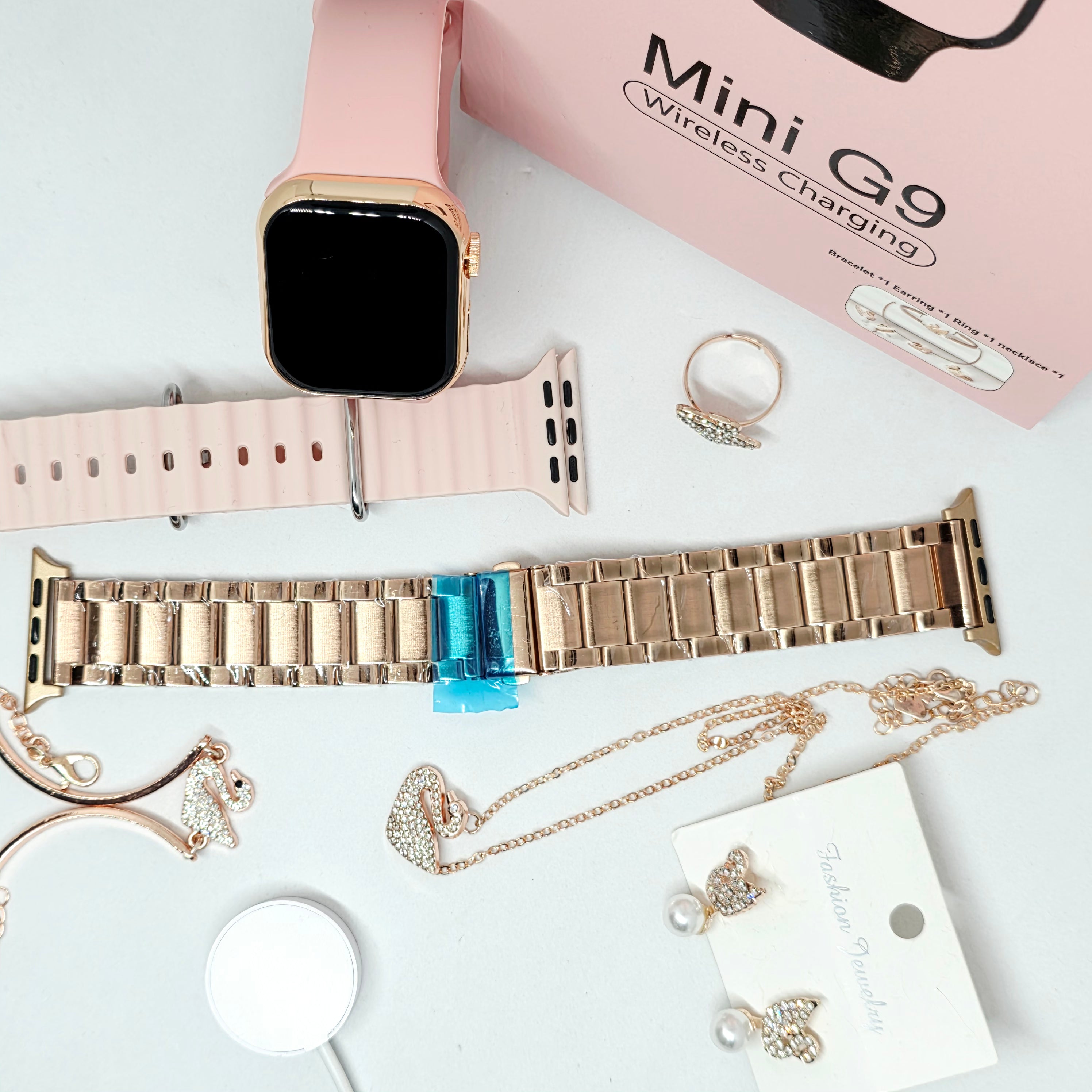 G9 Mini Kadın Akıllı Saat Rose Gold Hediye Seti - 3 Kordonlu & Kuğu Takı Aksesuar Setli Akıllı Saat (iOS ve Android Uyumlu)  TechnioTR