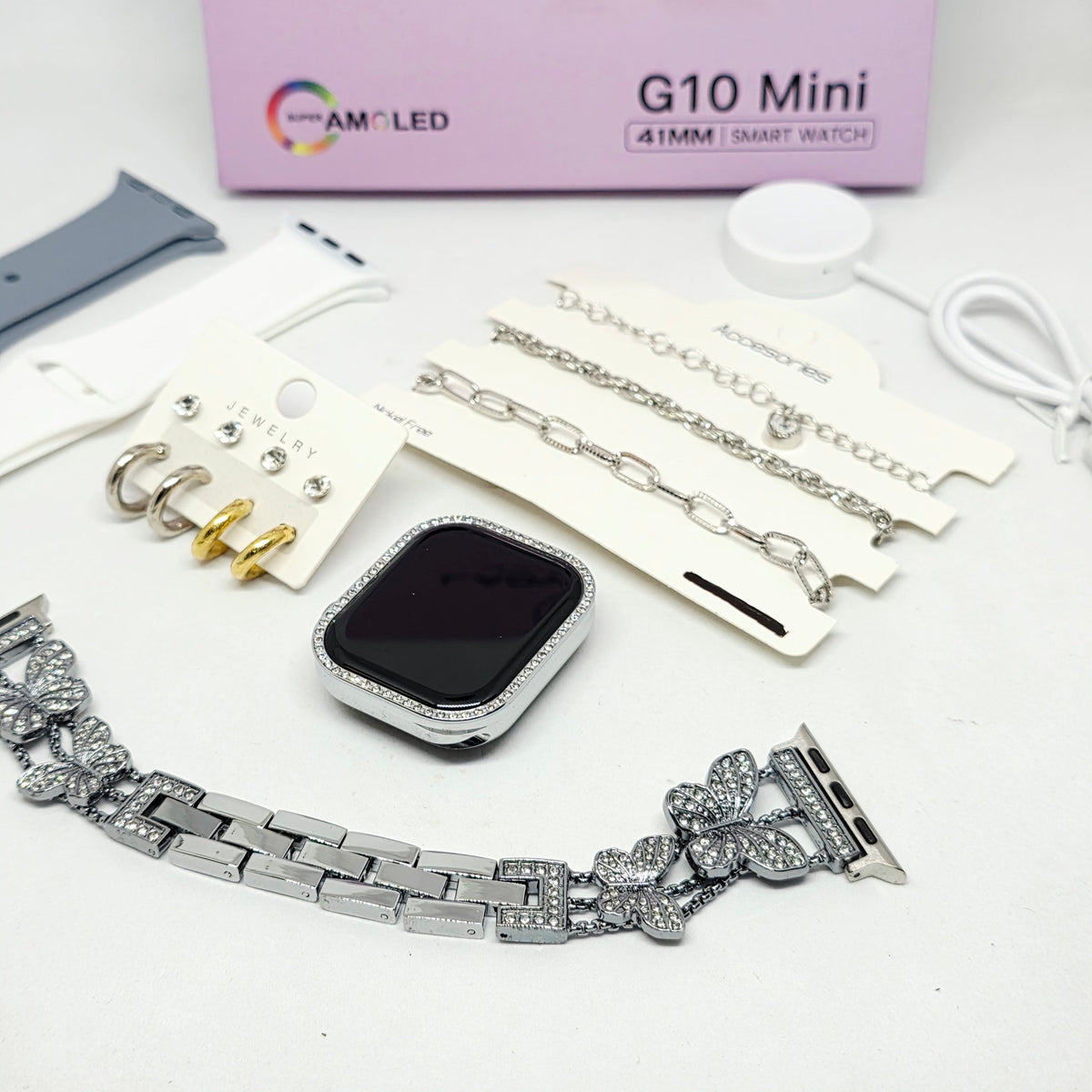 G10 Mini Kadın Akıllı Saat 41mm Süper AMOLED Ekran Taşlı Kasa Premium Tasarım (3 Kordonlu) lady ella Mstore