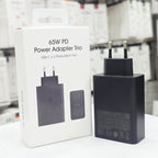 65W PD Üçlü Hızlı Şarj Adaptörü - Super Fast Charging Destekli, 2x Type-C 1x USB-A 3 Portlu Şarj Başlığı (Siyah) ÖZEL