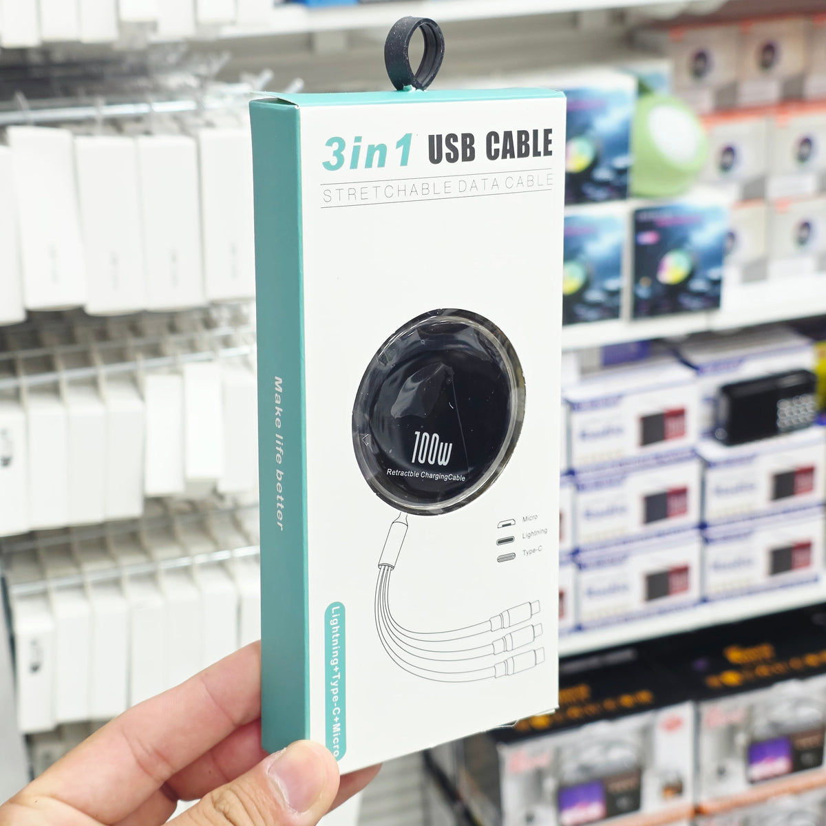 3in1 Makaralı Çoklu Şarj Kablosu 100W Hızlı Şarj - Type-C, Lightning, Micro USB Geri Çekilebilir Data Kablosu Tucci