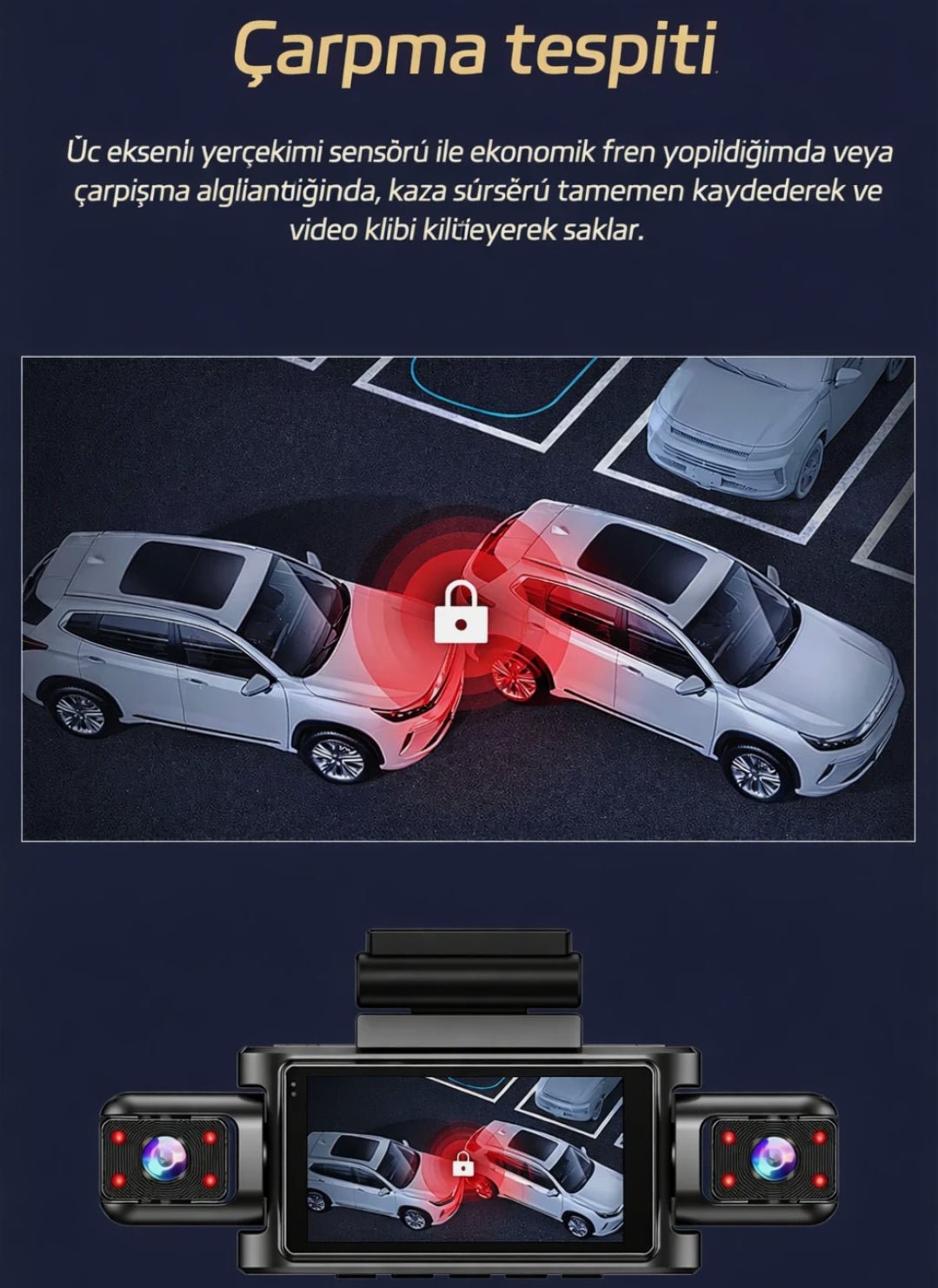 4 Kameralı 360° Döngüsel Kayıt Full HD 1080p Araç İçi Kamera - WiFi Cam, park modlu, Gece Görüşlü WDR Teknolojisi ve Yol Kayıt Cihazı - TechnioTR