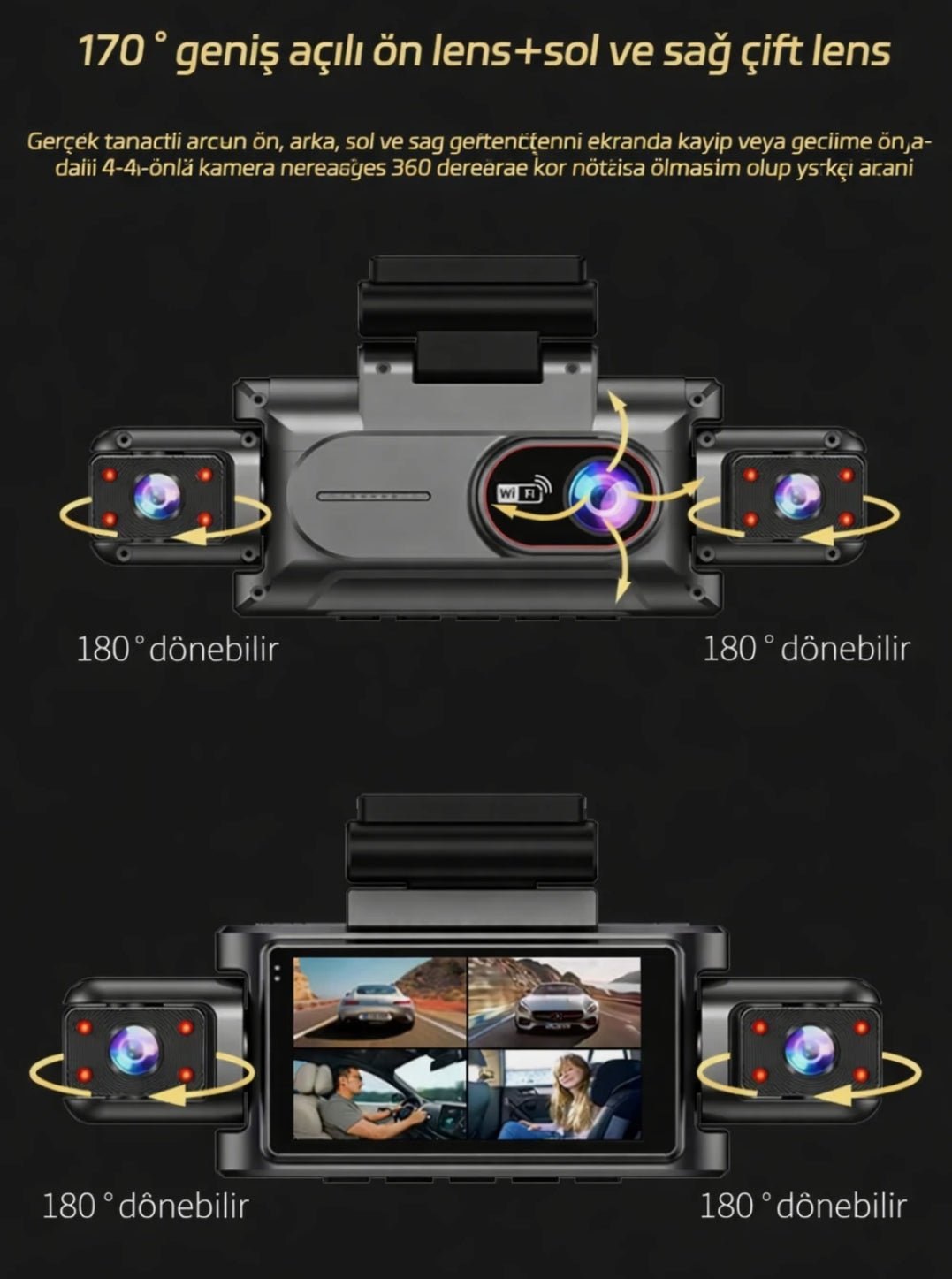4 Kameralı 360° Döngüsel Kayıt Full HD 1080p Araç İçi Kamera - WiFi Cam, park modlu, Gece Görüşlü WDR Teknolojisi ve Yol Kayıt Cihazı - TechnioTR
