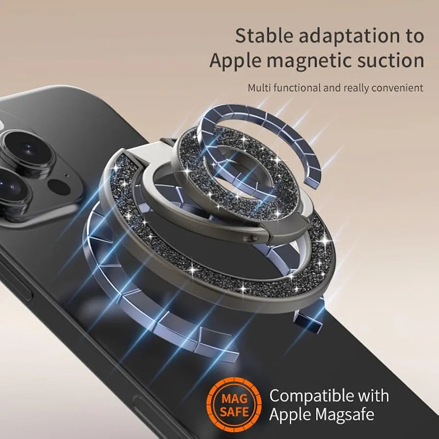 MagSafe Uyumlu Çift Halkalı Taşlı Telefon Tutucu Stand - Parlak Gümüş Telefon Yüzüğü M47
