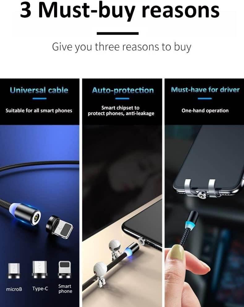 ( 5 adet ) X-cable 3'ü 1 arada 2a mıknatıslı metal şarj kablosu | micro usb + type-c + lightning uçlu | 360° dönebilen manyetik kablo TEKNOİST