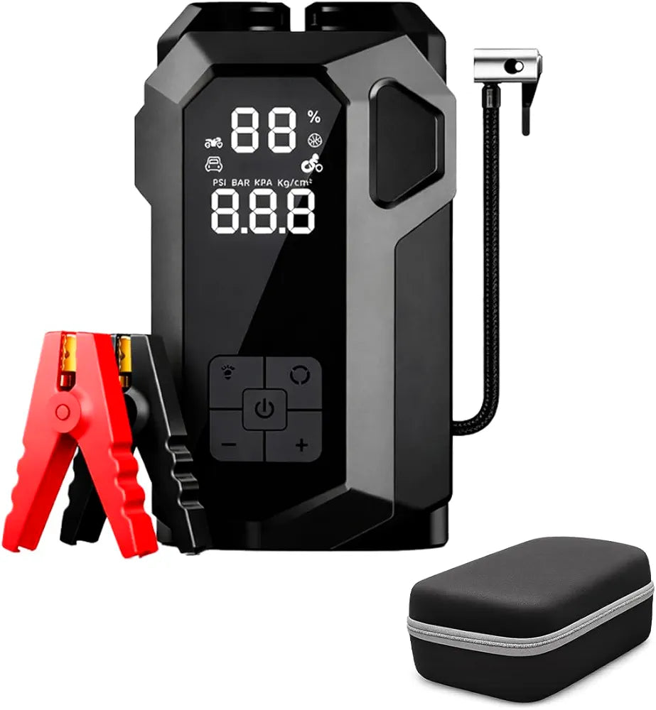 4'ü 1 Arada Taşınabilir Araç Akü Takviye Cihazı (Jump Starter) ve Dijital Hava Kompresörü - 12V Diesel Universal + el fenerli Müslüm