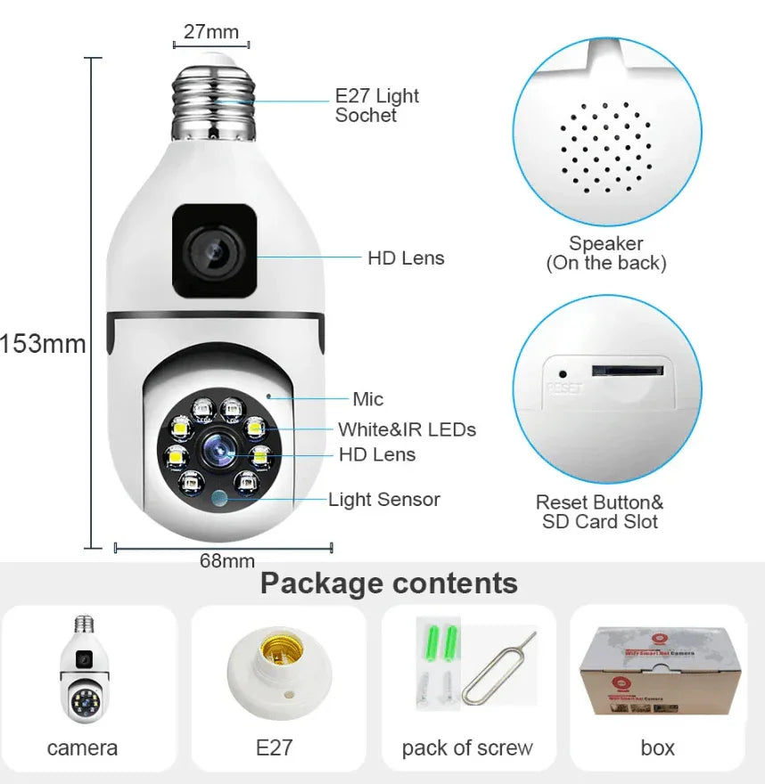 Wifi panorama Çift camera mikrofonlu 360 derece döner led ışıklı gece görüşlü full hd ampul kamera LEERFEİ