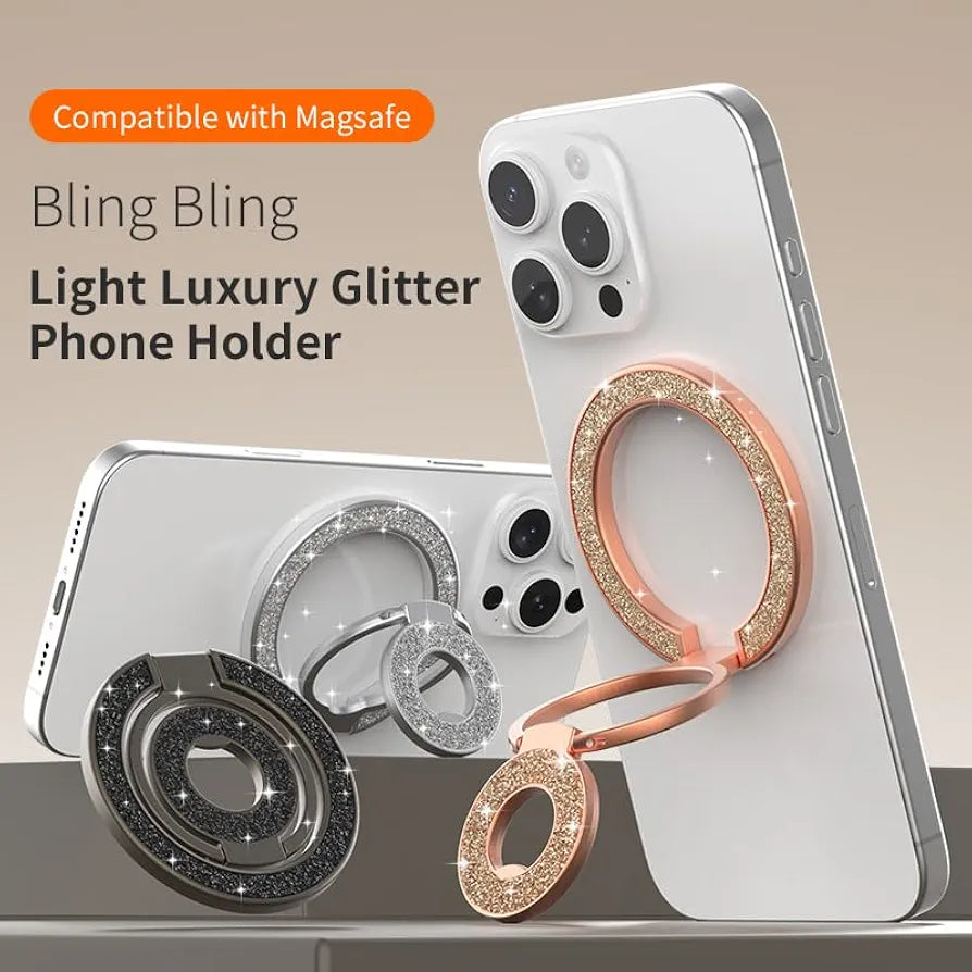 MagSafe Uyumlu Çift Halkalı Taşlı Telefon Tutucu Stand - Parlak Gümüş Telefon Yüzüğü M47