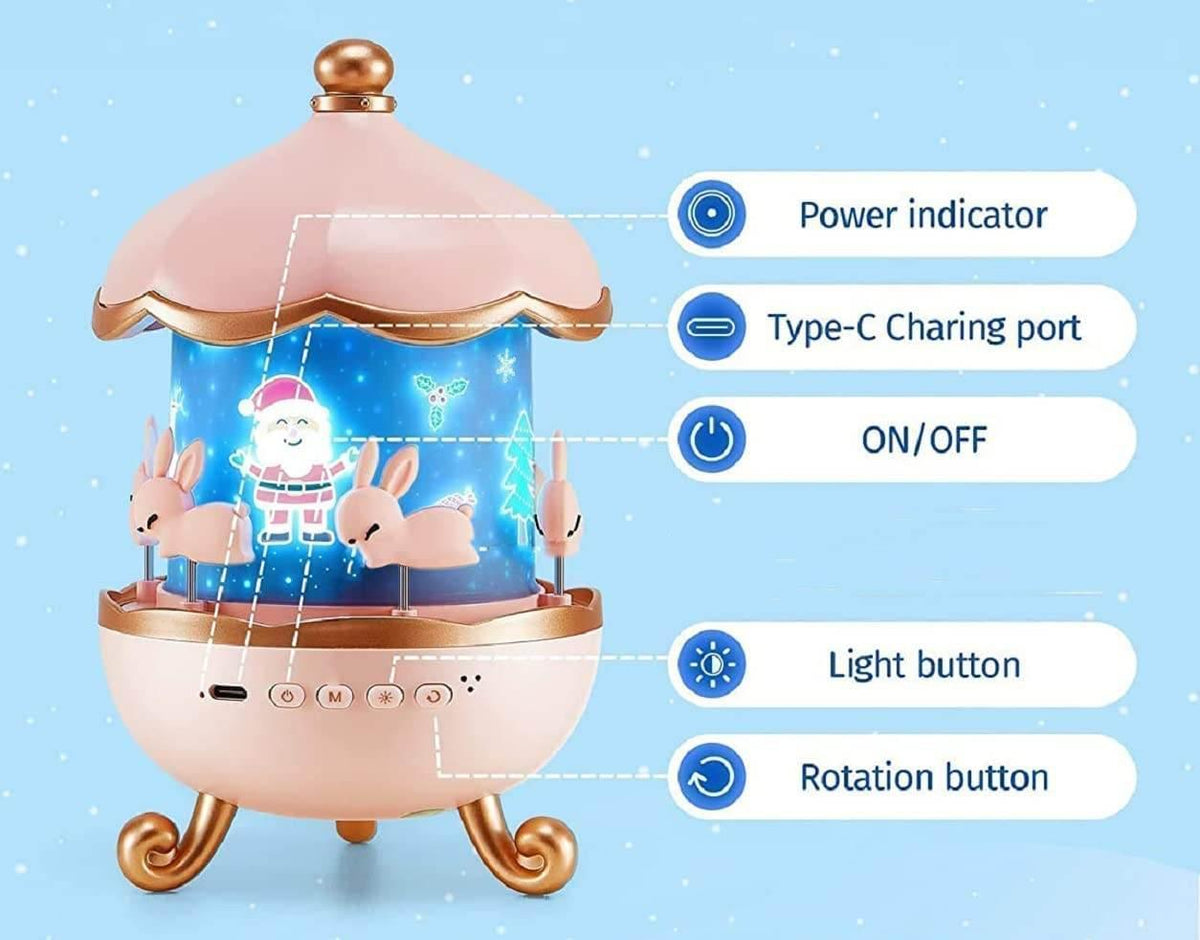 Tavşan Atlıkarınca Gece Lambası Projektörü bluetooth hoparlör, 6'lı Set Filmli Dönen LED Lamba, Büyülü Bir Çocuk Odası Atmosferi için Yıldız Projeksiyon Işığı, Çocuk Odası Dekoru için Döndürülebilir Tavşan Gece Lambası FOREFO