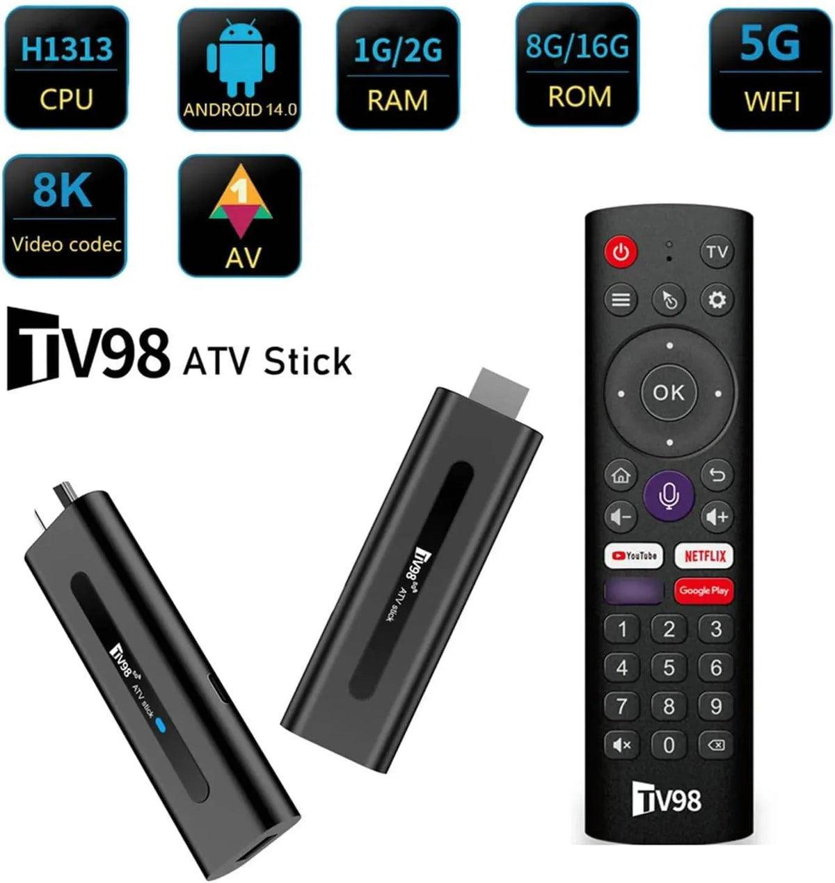 TV98 ATV Stick Mini TV Stick Android 14 H618 Dört Çekirdekli Cortex A53 Desteği 8K Video 2,4G 5G WiFi BT5,0 Sesli Uzaktan Kumanda Akıllı TV Kutusu (2+16GB) TELETEK