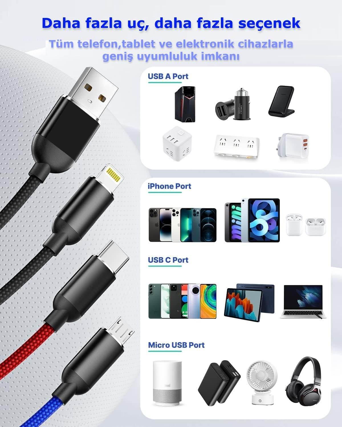 ( 5 adet ) 3ü1 arada usb typec micro lightning şarj ve veri aktarım kablosu 1,2 m TORİMA