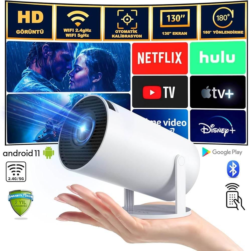 Hy300 akıllı full hd mini projektör – android 11, çift wifi6, bt5,0 ile ev sineması deneyimi TELETEK