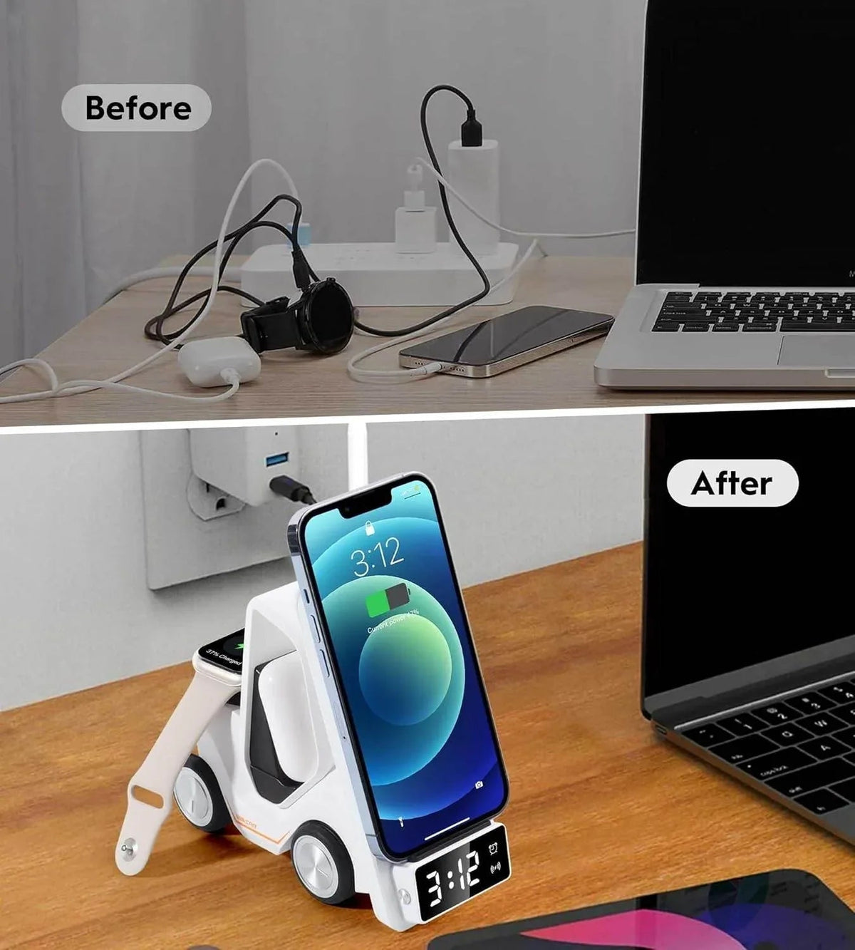 6'sı 1 Arada Kablosuz Şarj İstasyonu Araba Şeklinde – iPhone, Apple Watch, Air, Samsung ve Tüm Qi Destekli Telefonlar İçin Hızlı Kablosuz Şarj Cihazı + Alarm ve Masaüstü Organizer - S4B APPEX