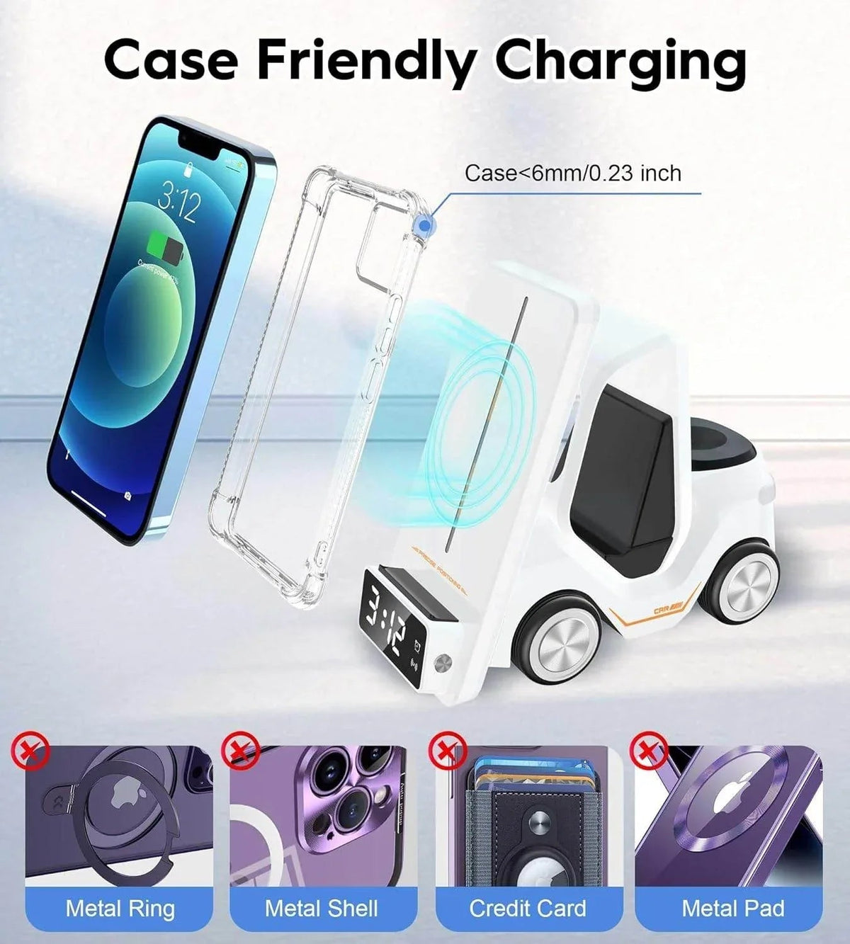 6'sı 1 Arada Kablosuz Şarj İstasyonu Araba Şeklinde – iPhone, Apple Watch, Air, Samsung ve Tüm Qi Destekli Telefonlar İçin Hızlı Kablosuz Şarj Cihazı + Alarm ve Masaüstü Organizer - S4B APPEX