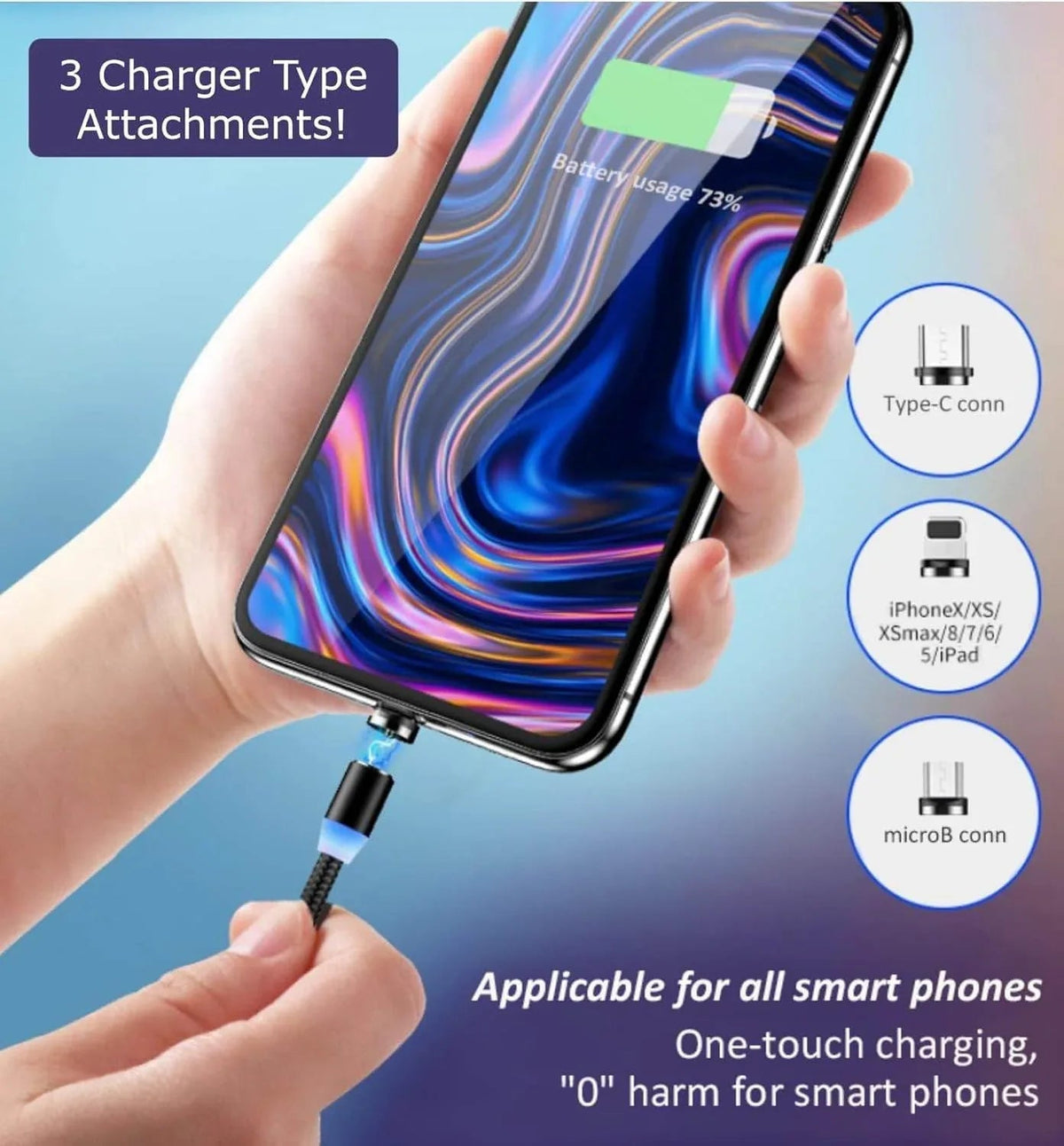 ( 5 adet ) X-cable 3'ü 1 arada 2a mıknatıslı metal şarj kablosu | micro usb + type-c + lightning uçlu | 360° dönebilen manyetik kablo TEKNOİST