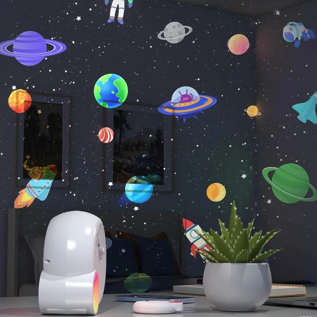 Galaxy Projektör Yıldız Gökyüzü Projeksiyon Lambası 13 Film Diski RGBCW Yatak Odası Ortam Işığı Gece Lambası BT Hoparlörler 15 Beyaz Gürültü Parçası 1H/2H/4H Uzaktan Kumanda ile Zamanlayıcı Ay TELETEK