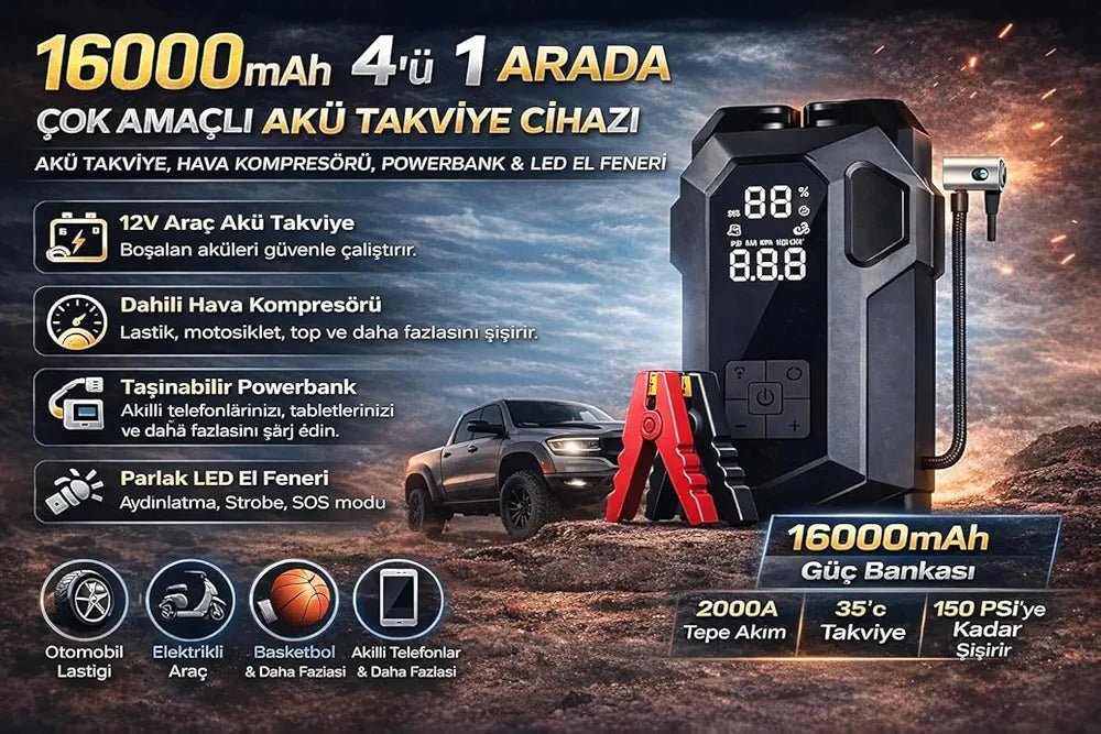 4'ü 1 Arada Taşınabilir Araç Akü Takviye Cihazı (Jump Starter) ve Dijital Hava Kompresörü - 12V Diesel Universal + el fenerli Müslüm