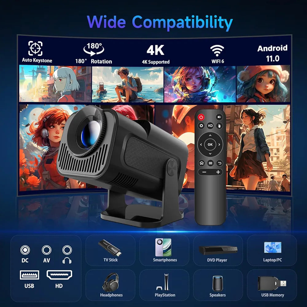 HY320 Mini 4K Destekli Akıllı Taşınabilir Projeksiyon Cihazı - Android 11, Dual WiFi 6, Bluetooth 5.0 Siyah Ev Sineması Ev Tipi Projektör Müslüm