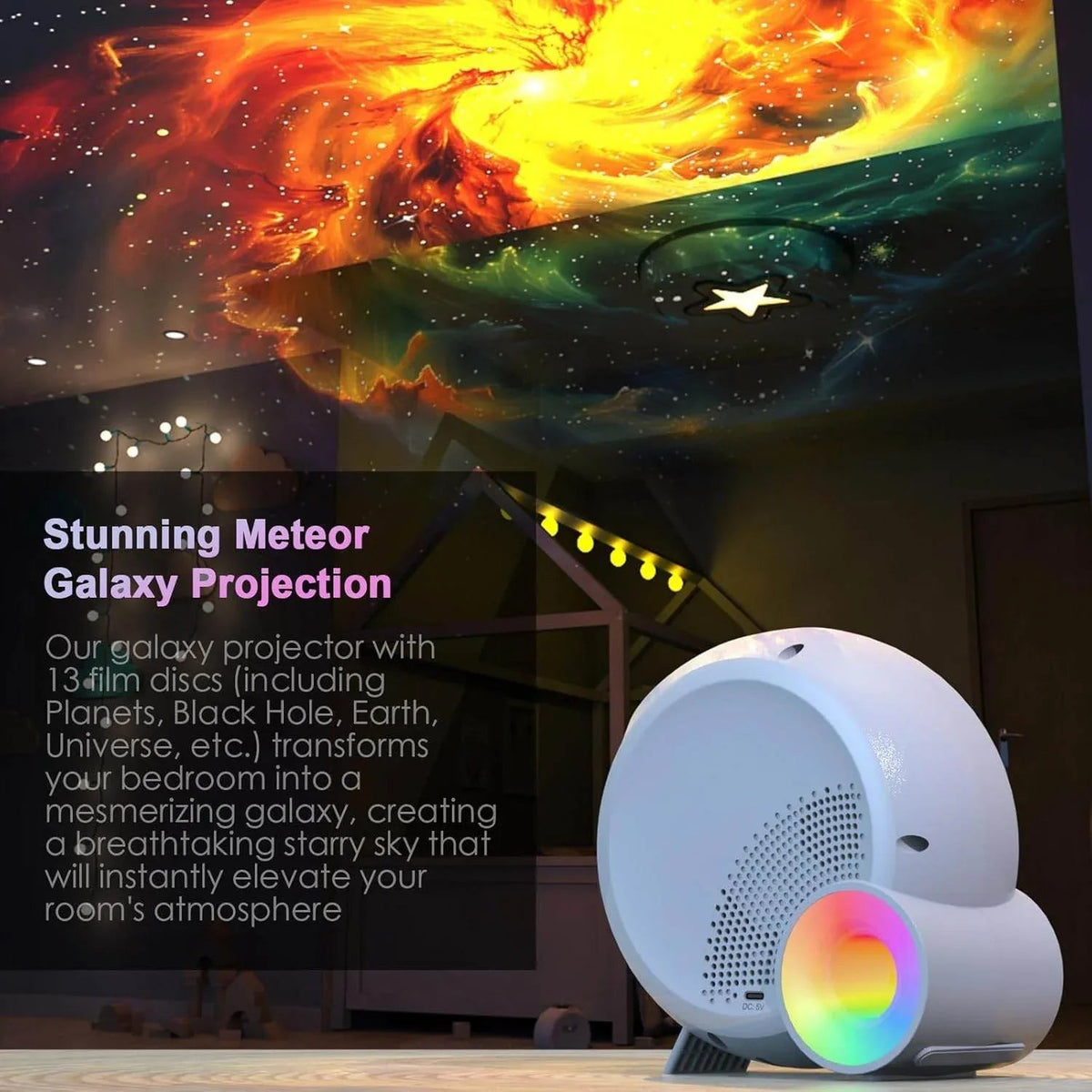 Galaxy Projektör Yıldız Gökyüzü Projeksiyon Lambası 13 Film Diski RGBCW Yatak Odası Ortam Işığı Gece Lambası BT Hoparlörler 15 Beyaz Gürültü Parçası 1H/2H/4H Uzaktan Kumanda ile Zamanlayıcı Ay TELETEK
