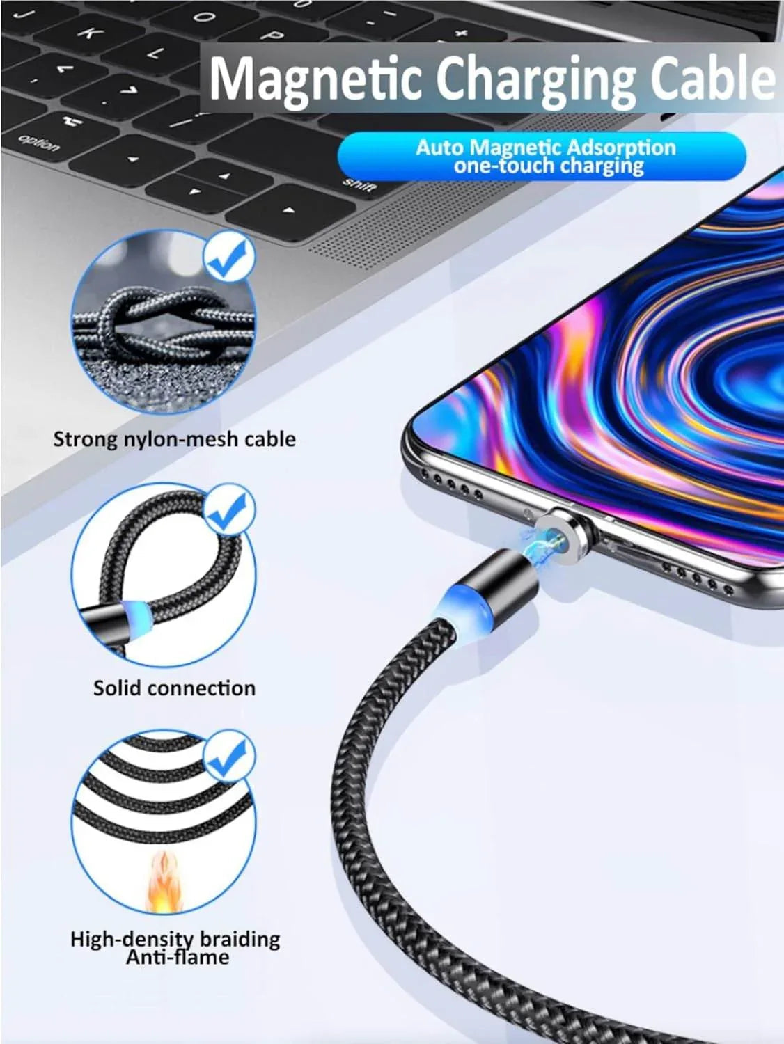 ( 5 adet ) X-cable 3'ü 1 arada 2a mıknatıslı metal şarj kablosu | micro usb + type-c + lightning uçlu | 360° dönebilen manyetik kablo TEKNOİST