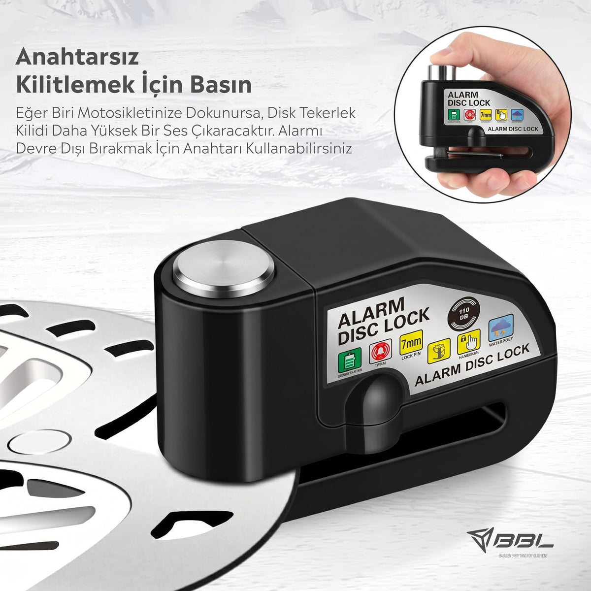Alarmlı Motosiklet Disk Kilidi - 110 dB Sarsıntı Sensörlü Su Geçirmez Bisiklet ve Elektrikli Scooter Kilidi + Hatırlatıcı Kablo Tucci