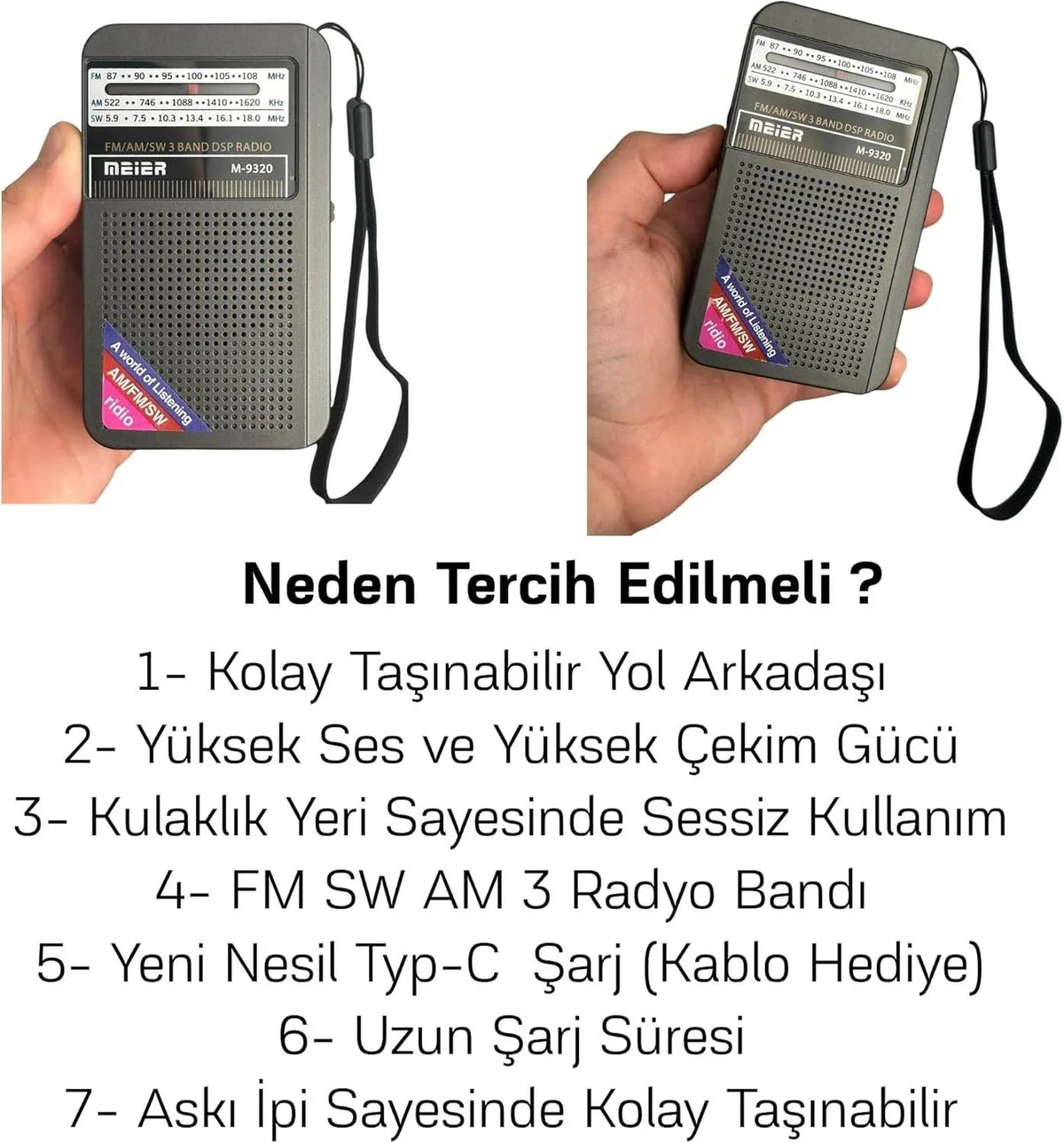 Meier m-9320 minimalist cep radyo fm/am/sw usb sarj edilebilir kulaklık takılabilir CARBON