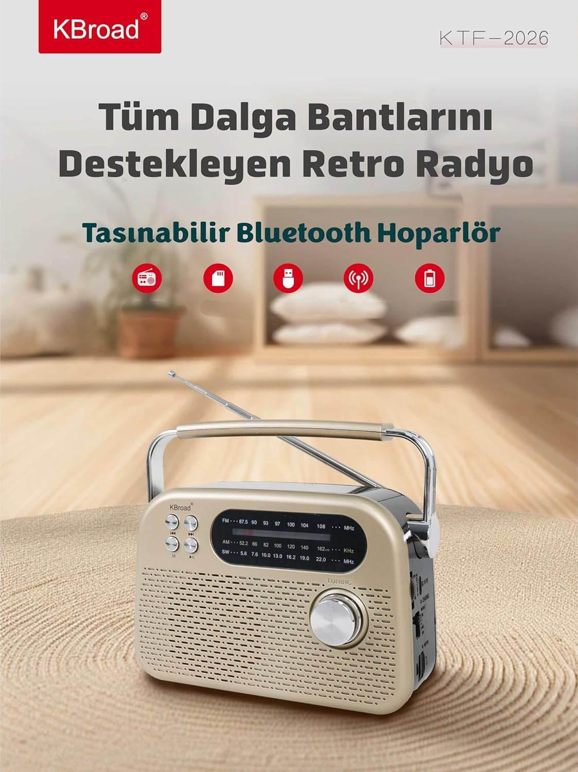 KTF-2026 nostaljı radiolu sm usb sd hafıza destekli bluetooth hoparlör KBROAD
