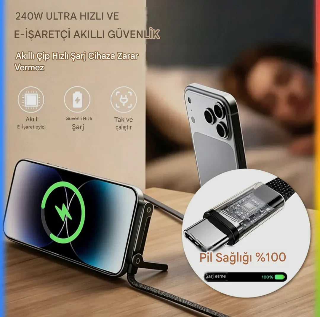 Orjinal 240w metal standlı TypeC - TypeC kablo 1,50m hasır şarj kablosu KolayMagza KM Technology