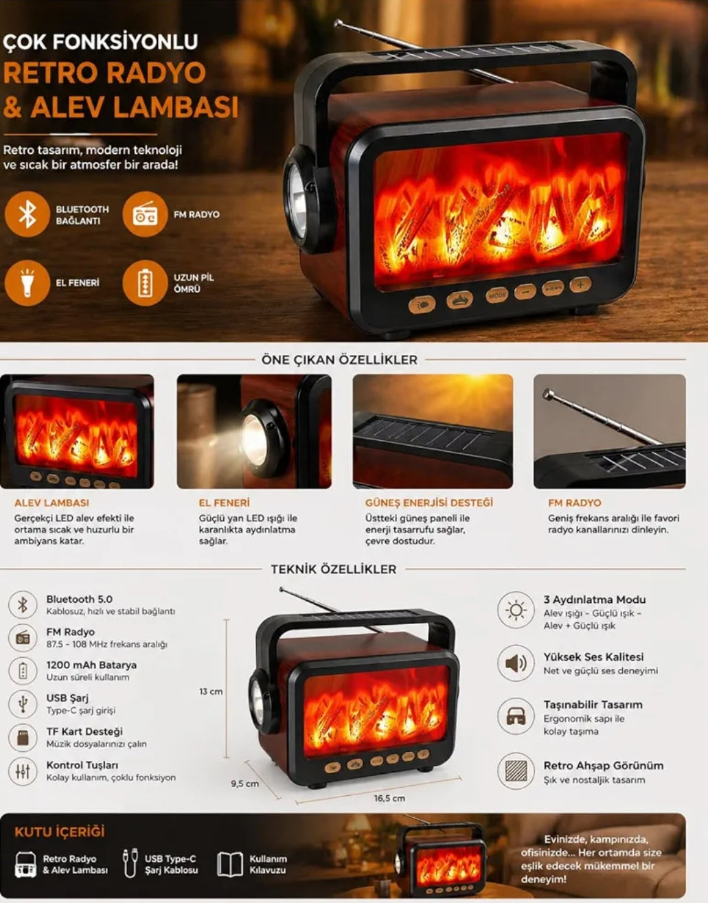 Alev efektli güneş enerjili, ışıklı, Usb Tf Sd destekli, nostaljik Bluetooth radio ve hoparlör Tucci