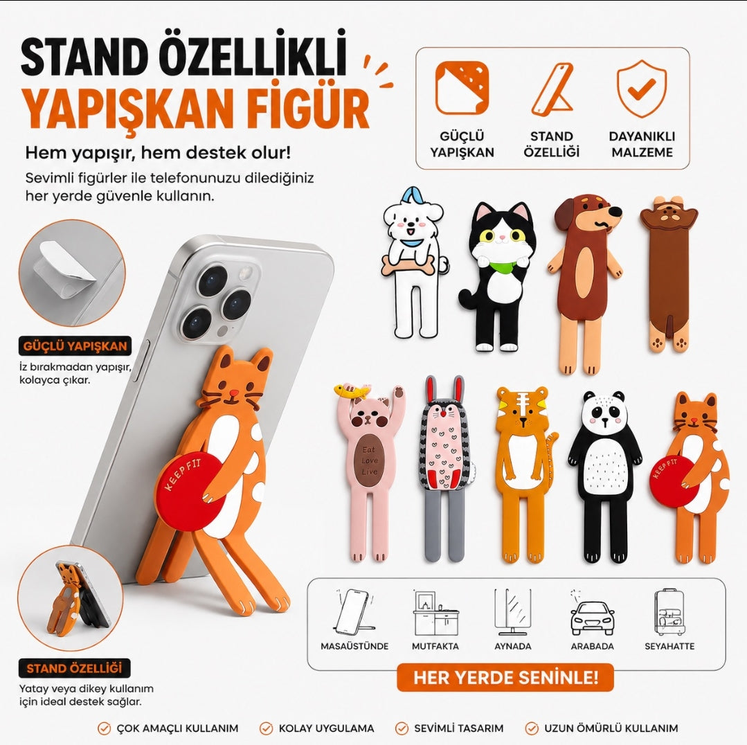 ( 5 adet ) Sevimli Hayvan Figürlü Esnek Telefon Standı - Güçlü Yapışkanlı Çok Amaçlı Telefon Tutucu M47