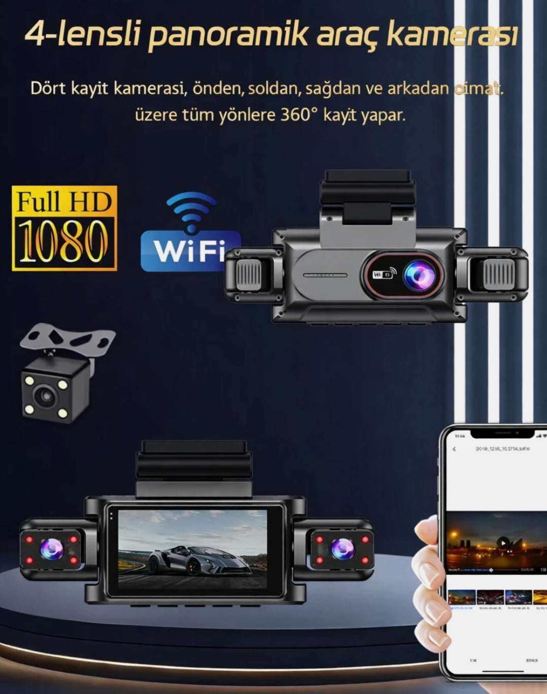 4 Kameralı 360° Döngüsel Kayıt Full HD 1080p Araç İçi Kamera - WiFi Cam, park modlu, Gece Görüşlü WDR Teknolojisi ve Yol Kayıt Cihazı Müslüm