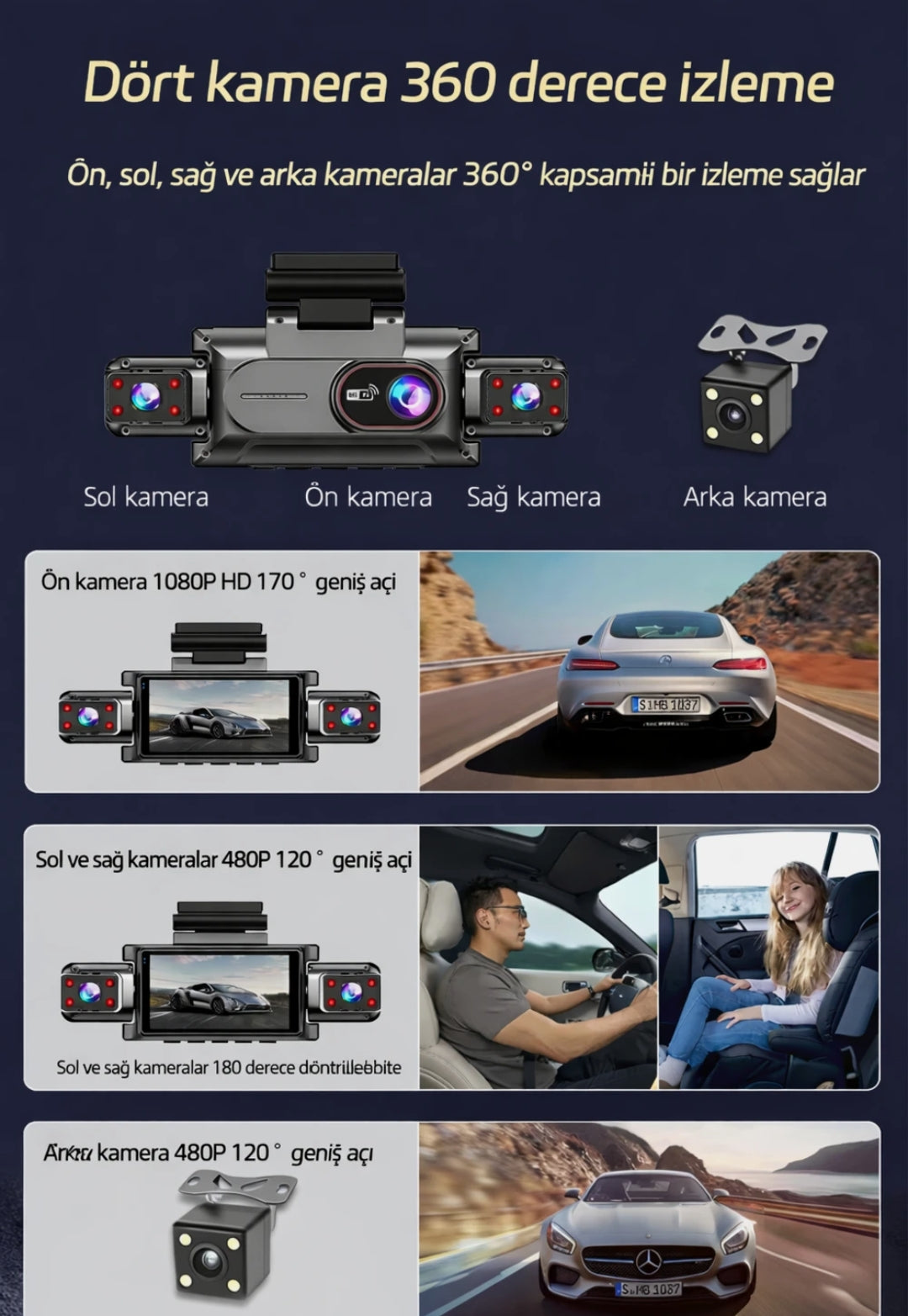4 Kameralı 360° Döngüsel Kayıt Full HD 1080p Araç İçi Kamera - WiFi Cam, park modlu, Gece Görüşlü WDR Teknolojisi ve Yol Kayıt Cihazı Müslüm