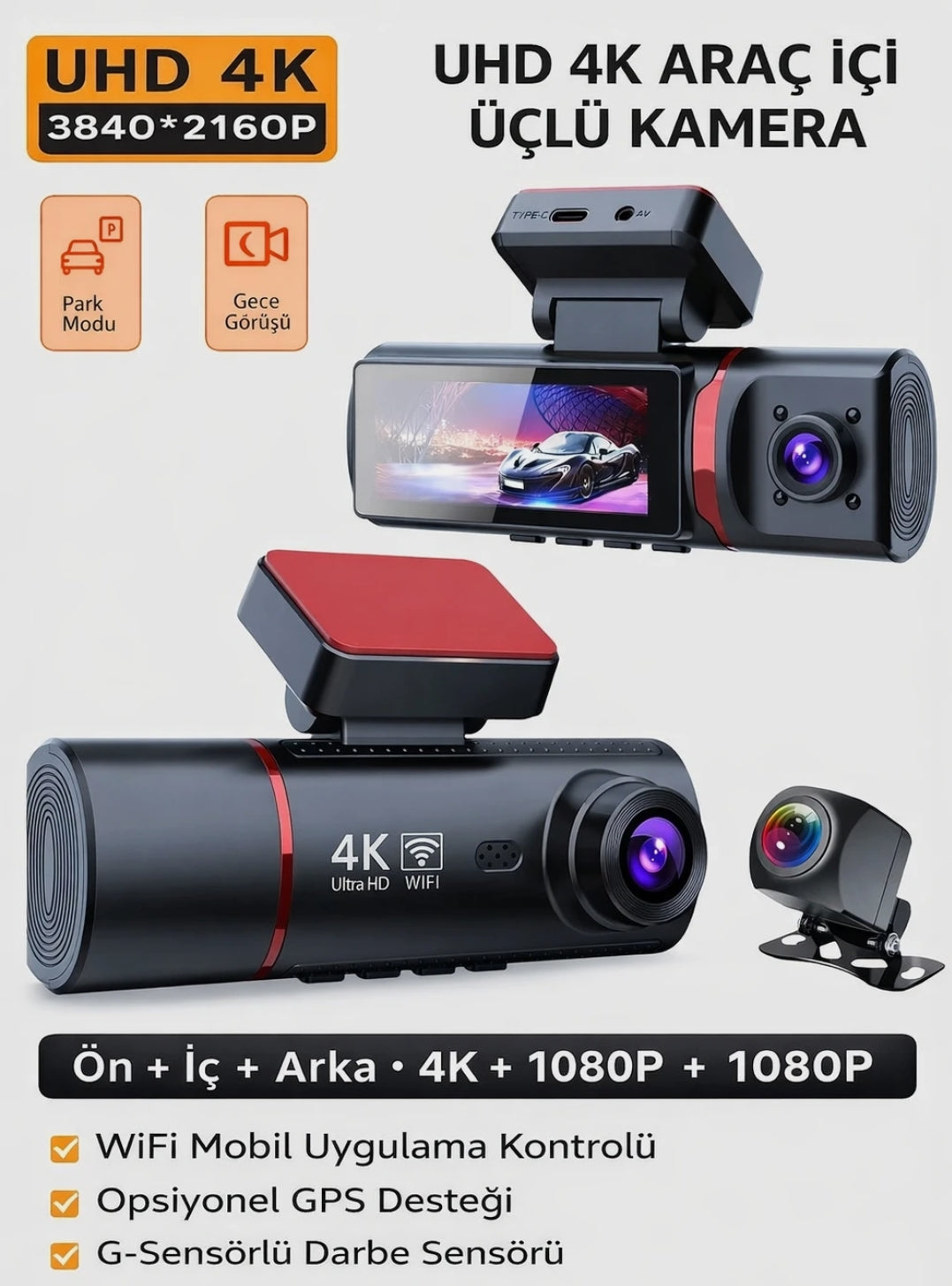 4K Ultra HD Vehicle BlackBOX DVR Dual Lens Araç İçi Kamera - WDR Gece Görüşlü Çift Kameralı Yol Kayıt Cihazı Müslüm