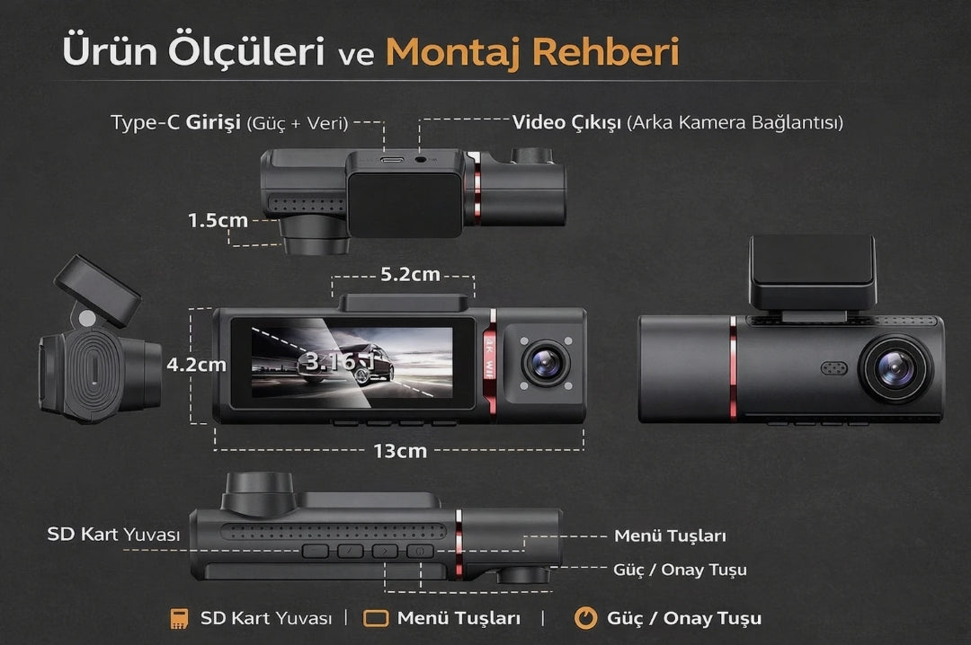 4K Ultra HD Vehicle BlackBOX DVR Dual Lens Araç İçi Kamera - WDR Gece Görüşlü Çift Kameralı Yol Kayıt Cihazı Müslüm