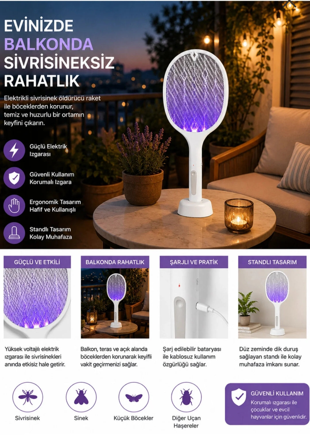 Şarjlı Elektrikli Sinek Öldürücü Raket - UV Işıklı Otomatik Sivrisinek Tuzağı ve Stantlı Sinek Raketi Müslüm