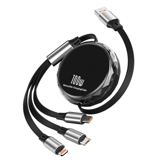 3in1 Makaralı Çoklu Şarj Kablosu 100W Hızlı Şarj - Type-C, Lightning, Micro USB Geri Çekilebilir Data Kablosu Tucci
